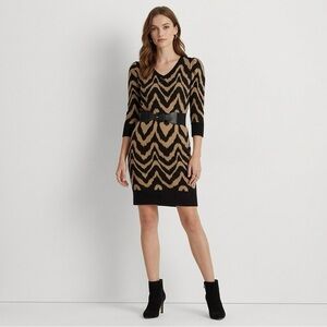 AB Studio Black and Tan Zigzag Knit Midi Dress